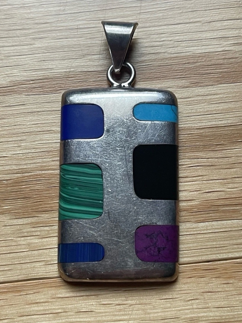 Vintage Silver Multi-Color Geometric Inlay Pendant Necklace
